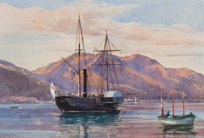 Gaeta: A Steam Frigate, Possibly the Royal Steamship Delfino or Archimede Flying the Borbone Flag, with Additions by a Borbone Pupil, Possibly Princess Maria Annunziata di Borbone (1843-1871) by Giacinto Gigante